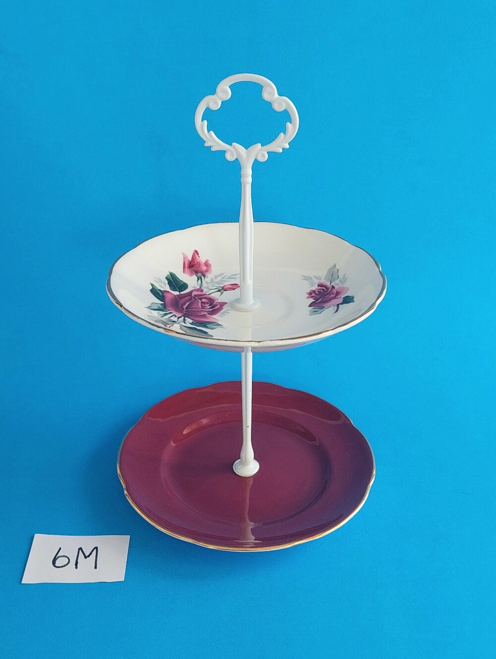 Mismatched 2-Tier Duchess Rose & Spencer Stevenson Burgundy Cake Stand